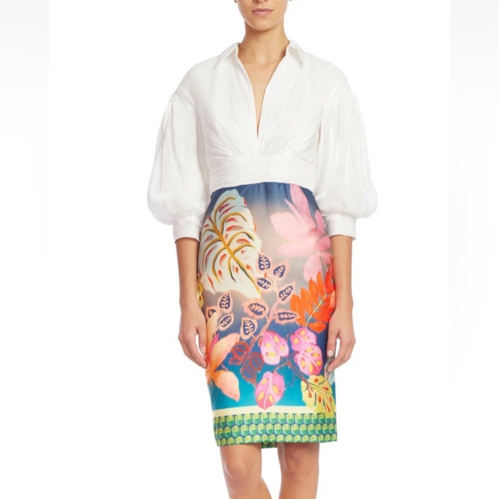 Badgley Mischka Shirt Dress 0 Tropical Sheath XS Metallic White